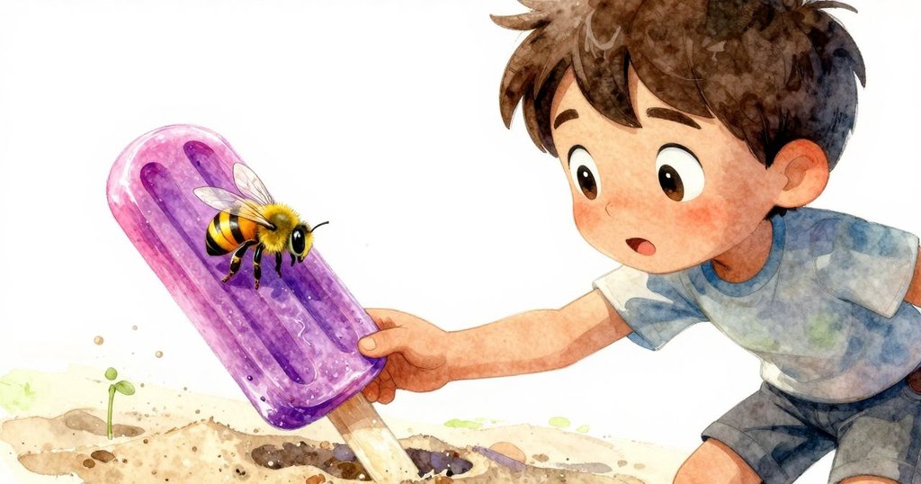 特洛伊輕推冰棒入沙中,蜜蜂飛落場景動感特寫,展現細膩動作與微風輕拂的創意時刻