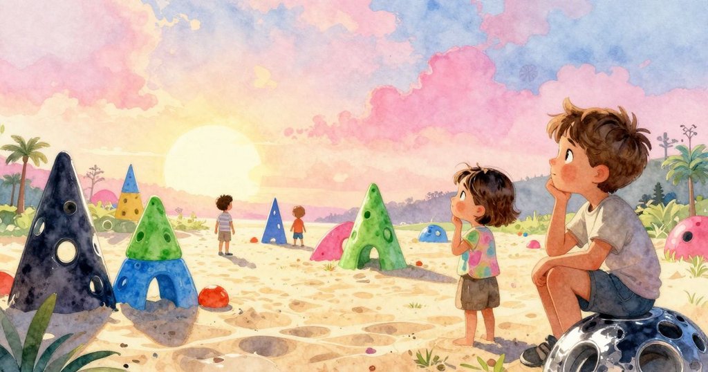 傍晚沙箱充滿創意,特洛伊與芙莉達笑著遠望未來冒險,全景展現夢想與歡樂的場景