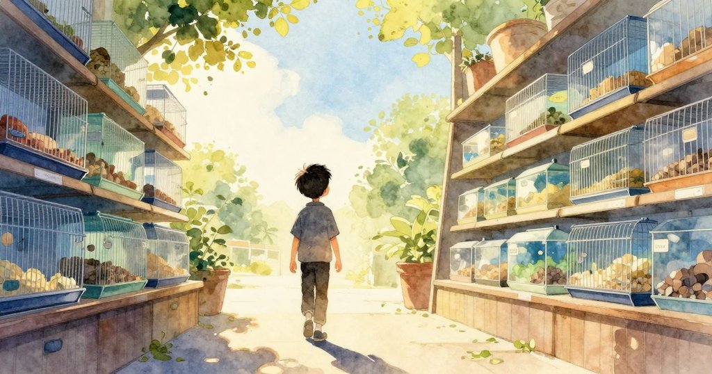 Fraser走進寵物店，身影在充滿晨光的店內映出輪廓，背景有寵物籠、標籤與水族箱，氣氛寧靜溫暖