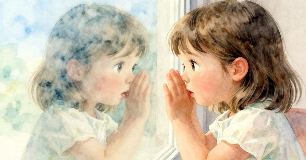 Noemi貼著水族箱玻璃，露出驚奇表情，眼神閃爍著好奇光芒，室內柔和光線營造神秘氣氛