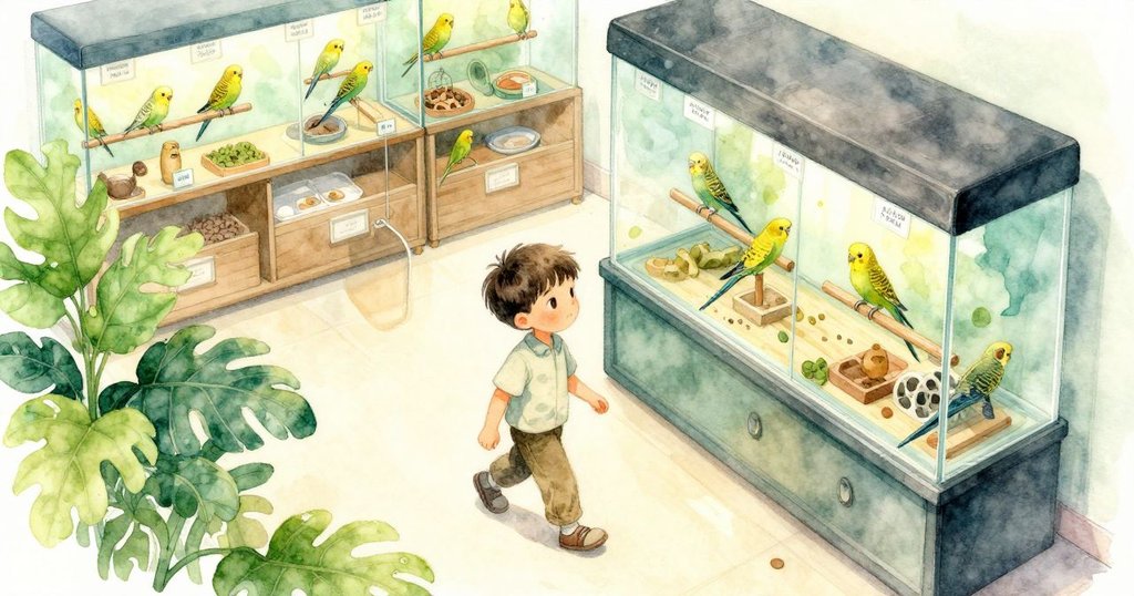 從高處俯瞰，Fraser走在水族區旁，鸚鵡停在高架，寵物店內部標籤整齊，環境清新有序