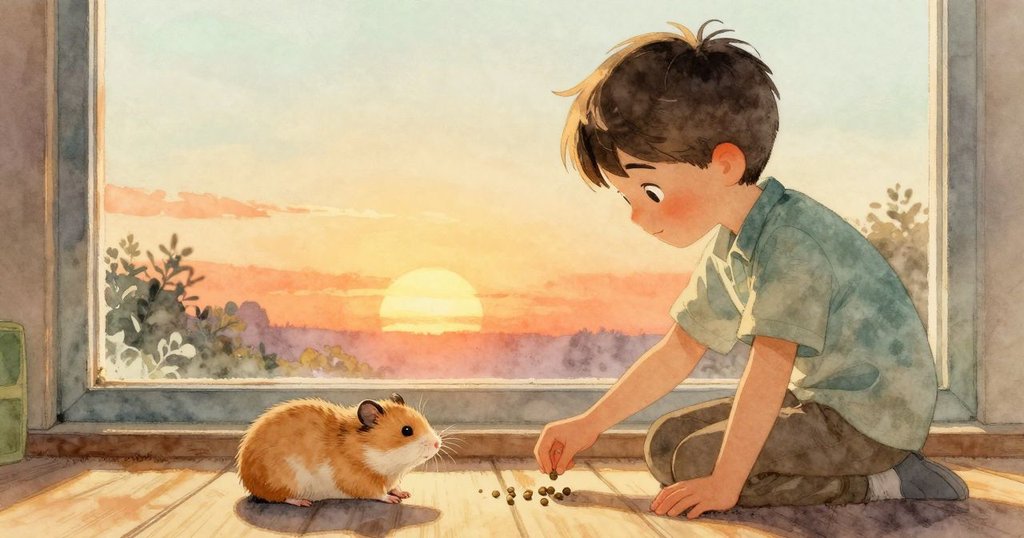 夕陽餘暉中，Fraser輕放飼料於籠邊，倉鼠悄然甦醒，溫暖光線透過窗戶灑下，展現寧靜結局