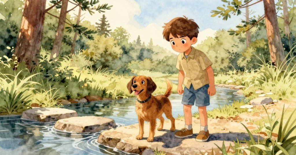凱恩與狗狗在閃爍的溪邊停留，背後松樹透出金色光芒，兩者充滿期待與好奇的情緒