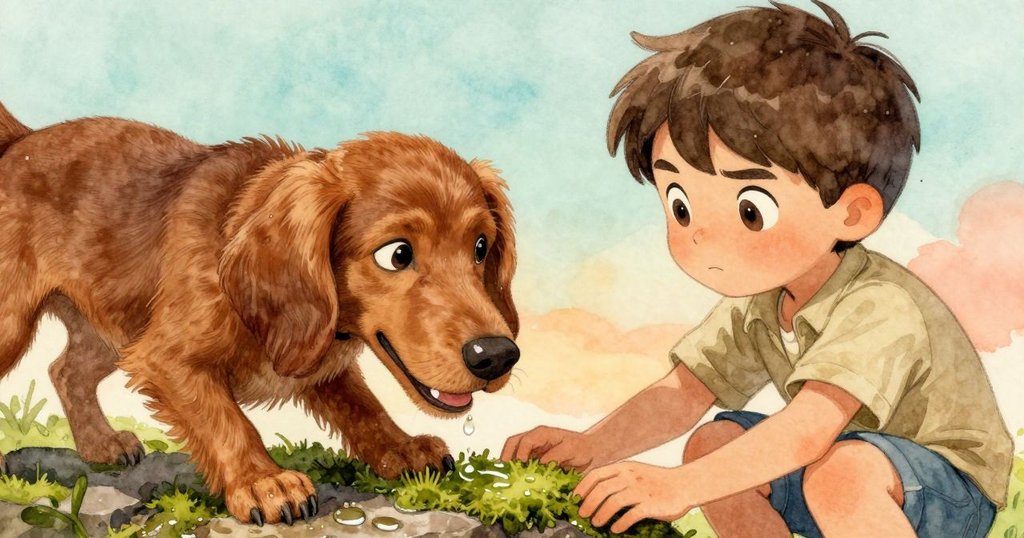 凱恩專注按壓濕潤藓苔，石面上水珠閃爍，呈現出自然質感與解謎情境