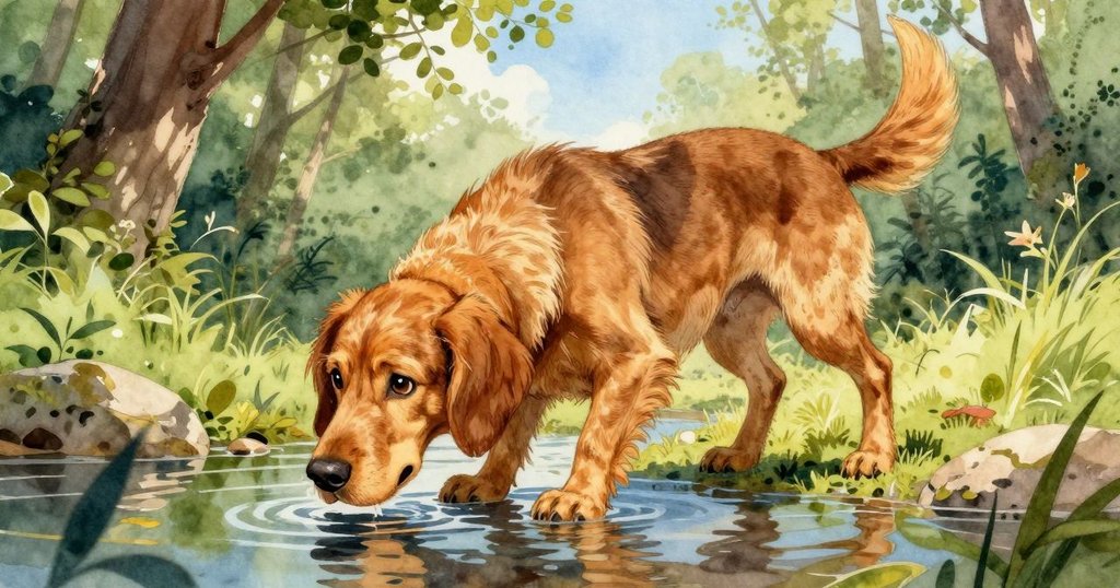 從狗狗角度看溪邊景色，石面與流水反光明亮，格里芬神情專注於大自然氣息