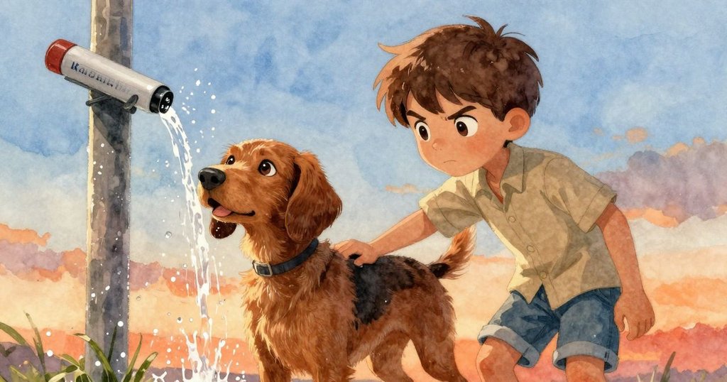 水流從石上飛濺，擊中標誌柱，使箭頭模糊轉動，陽光映出動感與自然力量