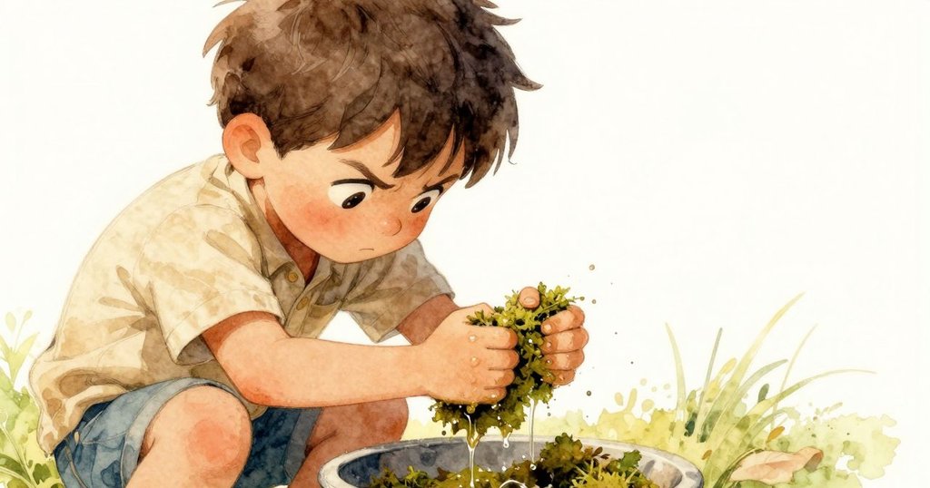 凱恩全神貫注壓縮濕藓，臉上顯露堅定與掙扎，手上水滴飛濺，呈現內心矛盾情緒