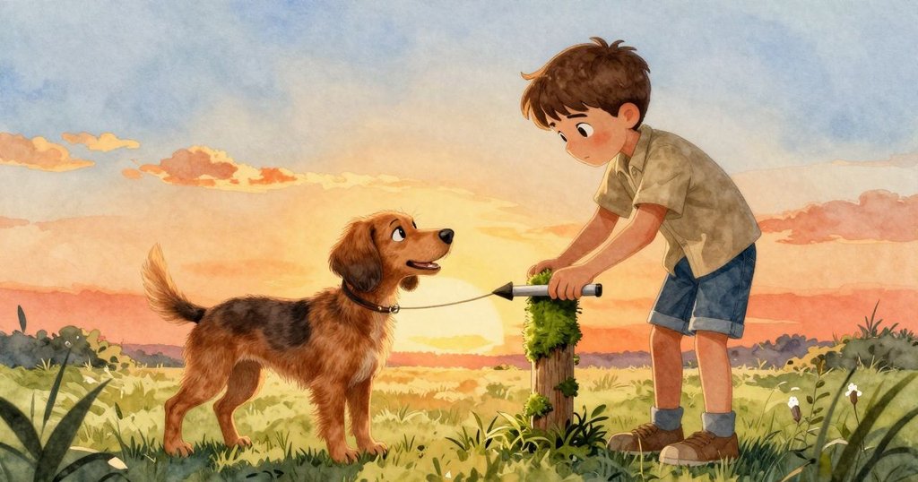 凱恩將濕藓放在標誌柱上，箭頭停止轉動，夕陽下溪水反射出平和光芒，狗狗靜靜守候