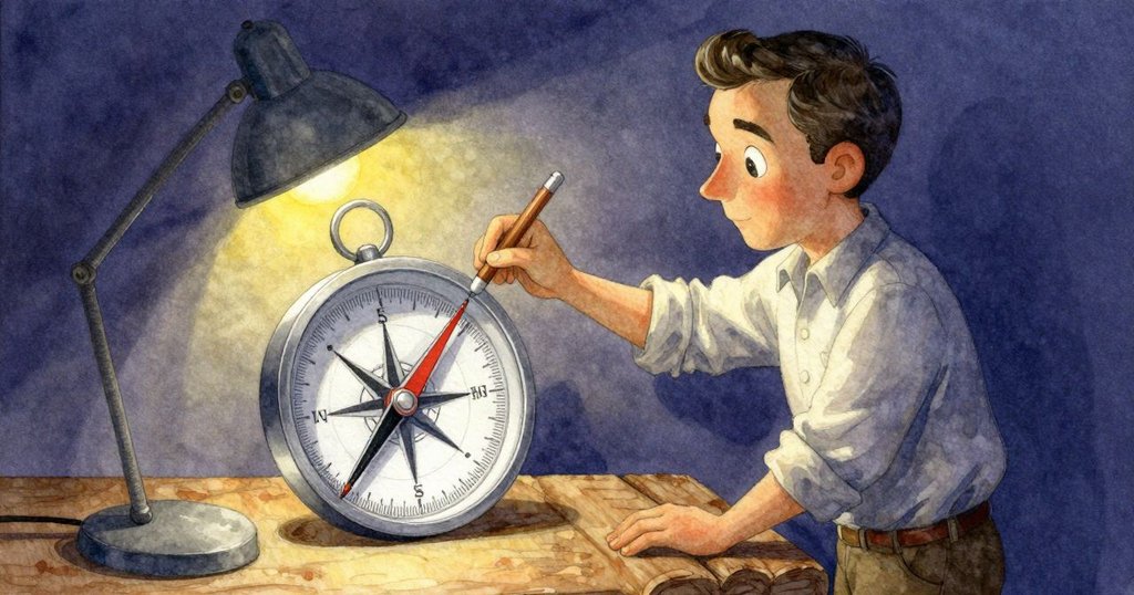 文森站在桌旁，正準備記錄半陰的指南針，室內燈光溫暖，散發早晨工作氛圍與微風輕拂