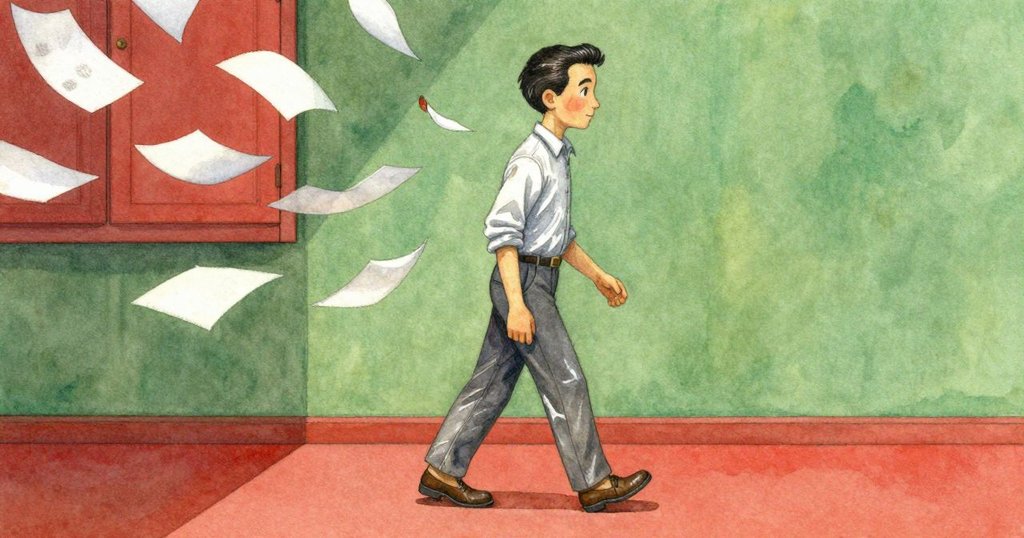 文森正匆忙走過房間，紙頁因微風翻飛，展現專注與動感的工作時刻