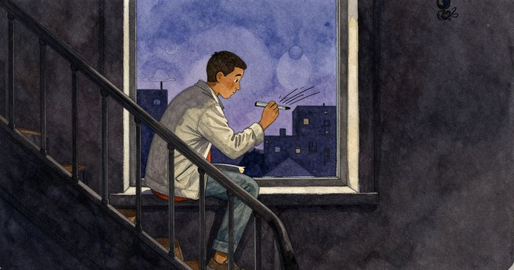 赫克特站在樓梯扶手旁，以堅定的姿態觀看微風吹拂結構，帶出靜中動的細膩情境