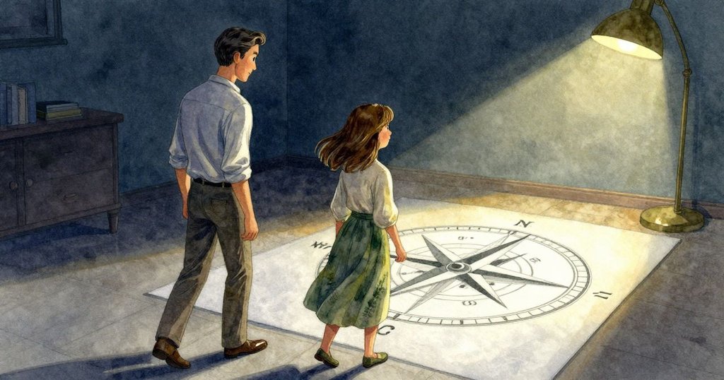 文森與布蕾雅滿足地退後，完成帶有輕微痕跡的指南針圖，室內洋溢安寧與合作後的溫暖餘韻