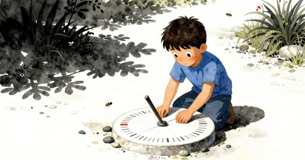 Nolan在小路上蹲著排列石頭，陽光柔和灑下，蜜蜂飛舞，背景充滿自然元素，神情專注且充滿希望。