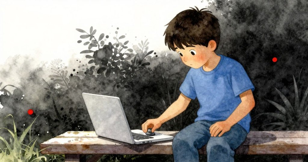 Nolan在戶外長椅旁整理石頭，伸手抓取散落的石塊，銀色筆記本與樹枝點綴空白背景，神情專注穩定。