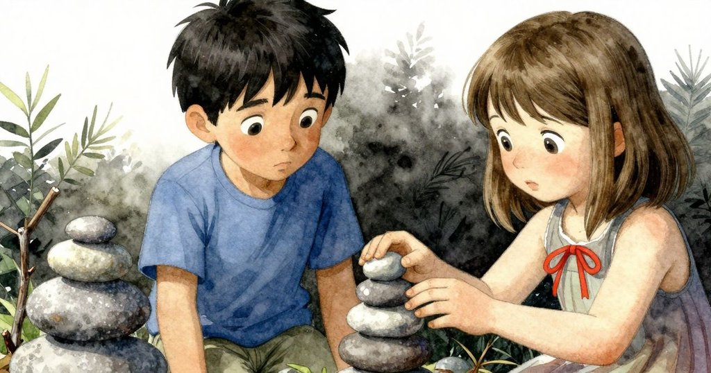 Nolan的手細緻調整石塔，衣袖被輕觸引起微妙變化，樹枝與石頭細節在柔光下展露，充滿專注情感。