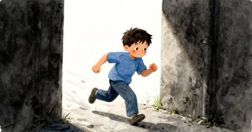 Nolan急速穿越狹窄通道，背後動態模糊呈現步伐急促，薰衣草碎片散落，神情充滿焦急與堅定。