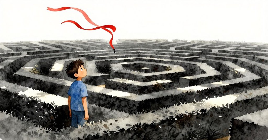 Nolan坐在長椅旁收集散落石頭，遠處紅色絲帶隨風飄揚在樹籬上，寬廣庭院中氛圍平靜而充滿希望。