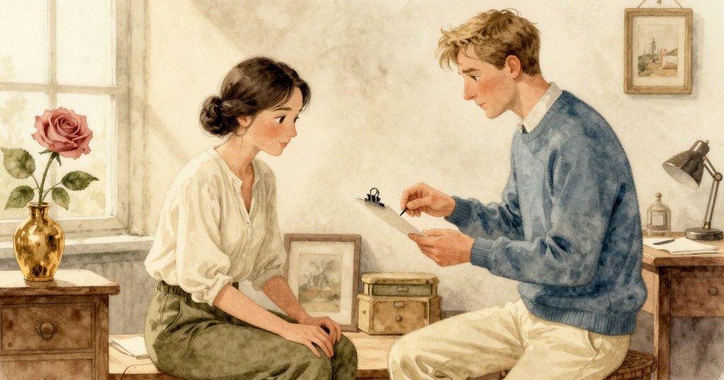 Flora在藝術工作室中調整紙張, 手部動作充滿細緻, 背後有旋轉的模型和柔和光線, 整體氛圍溫暖