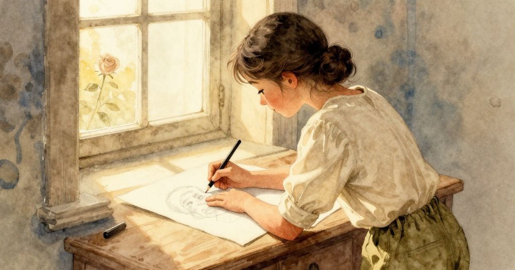 從Flora背後看她認真繪畫雕塑, 筆尖快速留痕, 易架與背景模型隱約可見, 光線柔和