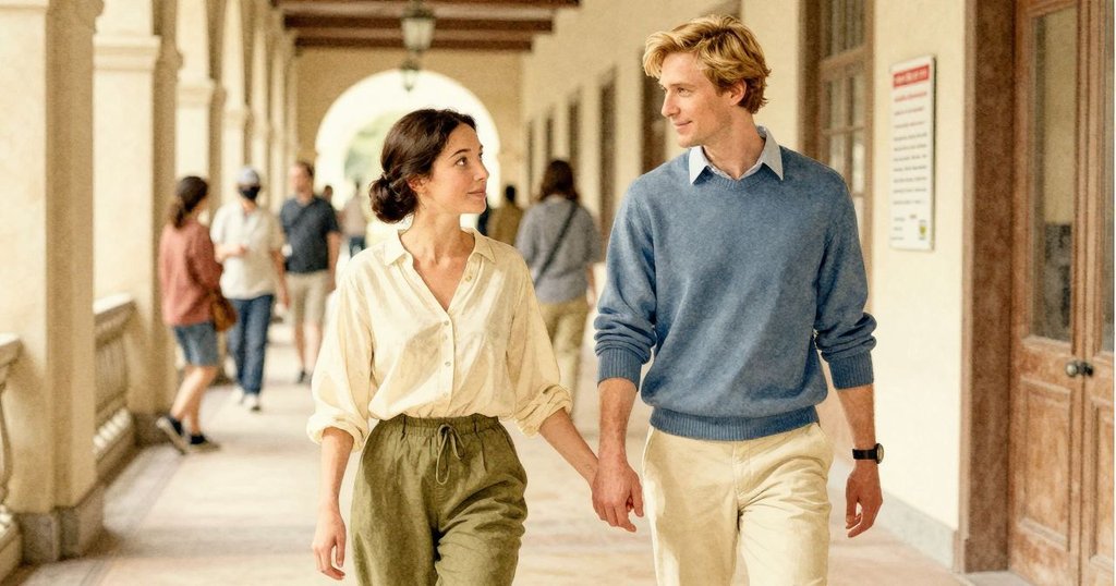 Flora和Cyrus站在光線明亮的走廊, 游客逐漸進入, 背景展示展示品與手持手冊, 互動中帶緊張感