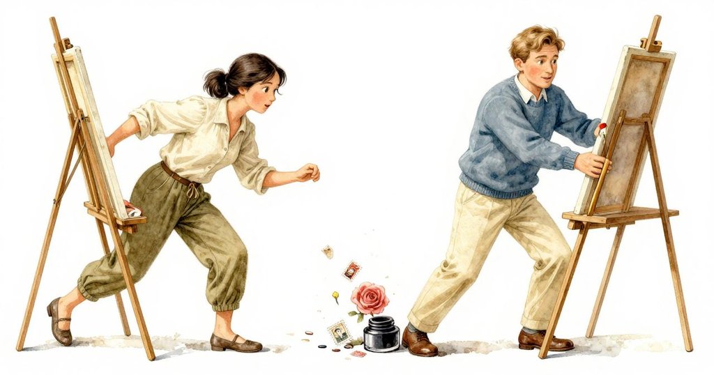 鉛筆盒滑動撞擊易架時的瞬間, 紀念印章落入墨盤, 畫面定格充滿期待, 細節豐富動態明顯