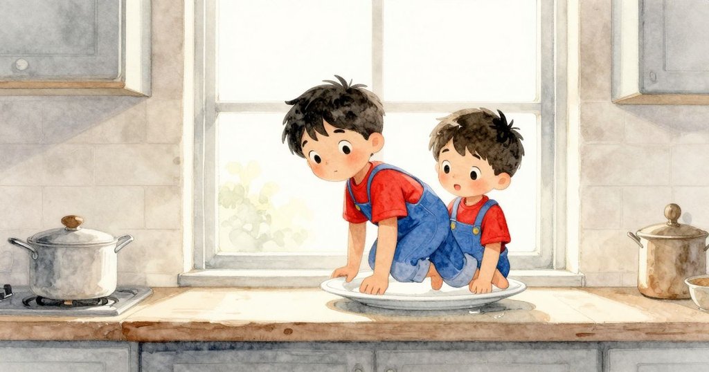 Kit在明亮廚房中推著涼盤靠向窗邊，窗外晨光灑落，蒸氣繚繞，展現充滿期待的開始情景。