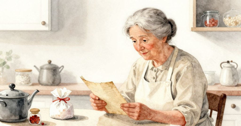 奶奶坐於廚房準備台前閱讀舊筆記本，糖包輕響，銀質墜飾隨節奏敲打，流露時光韻味與溫馨情懷。