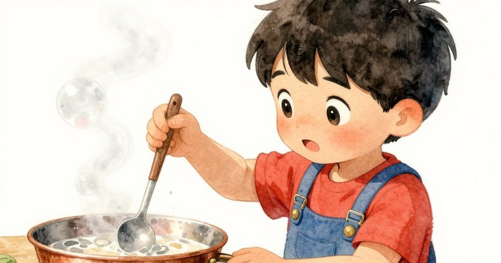 Kit正用長湯匙輕攪銅盤上微泡與蒸氣反光，手部細節豐富，充滿專注與實驗魔幻感。