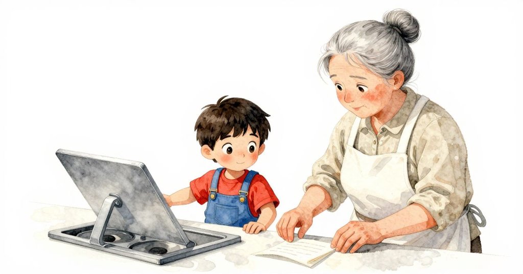 廚房台面上食譜卡片翻飛、蓋子滑動，罐子和湯匙依序運動，營造出奇幻不可能的幾何動態。