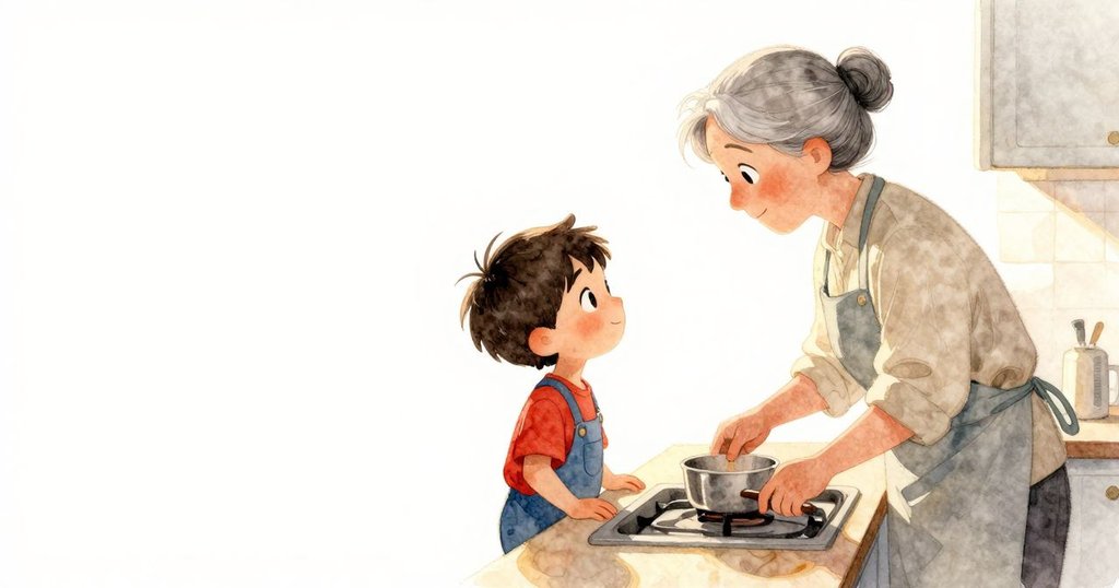 在金色夕陽下，Kit與奶奶於廚房角落相依而立，溫暖光影中流露寧靜與解決後的滿足情懷。