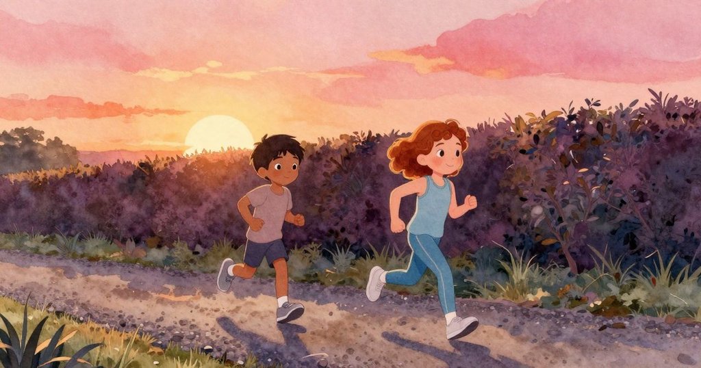 York與Ilsa在夕陽下慢跑於碎石小徑, 陽光映照石頭, 充滿活力與期待的戶外情境