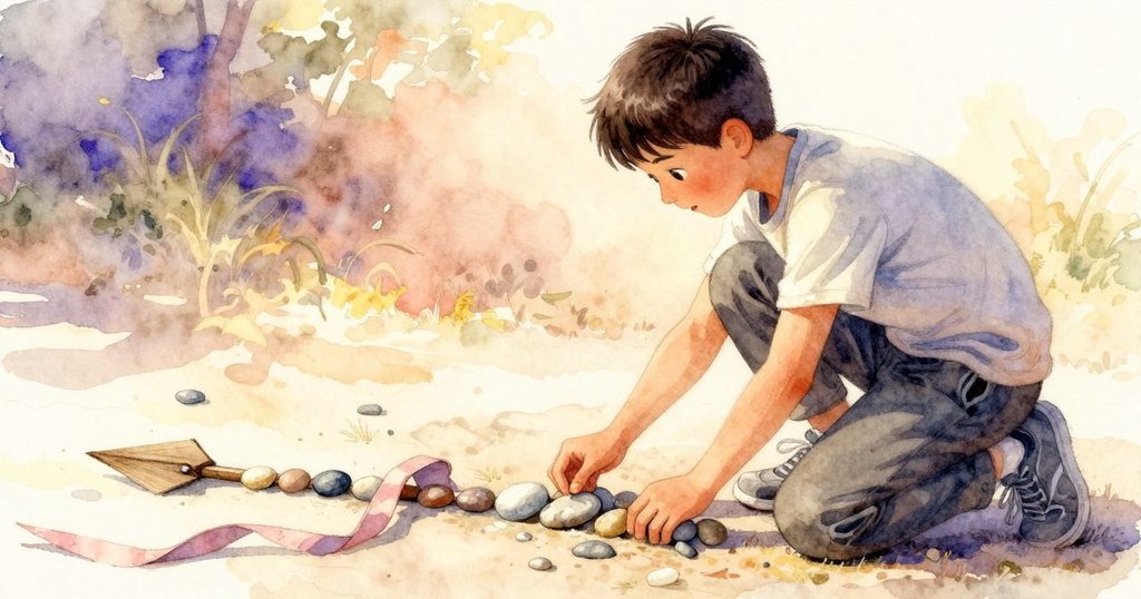 York跪於碎石上, 小心排列卵石成箭, 陽光柔和照耀, 充滿神秘線索的場景