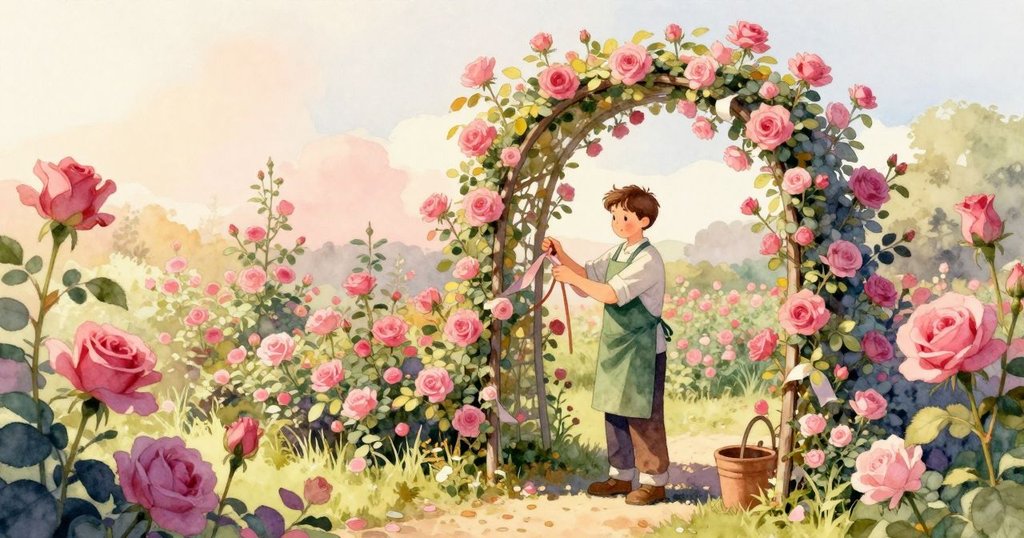 園丁在花園入口處, 用新絲帶綁於樹枝上, 玫瑰拱門背景, 天空溫暖, 賦予季節魅力