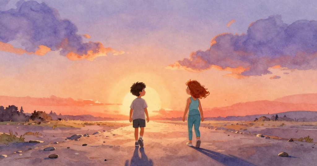 York與Ilsa踏上開闊曠野, 陽光照耀下石子散落, 兩人滿懷希望邁向新地平線, 充滿溫暖與未來期待