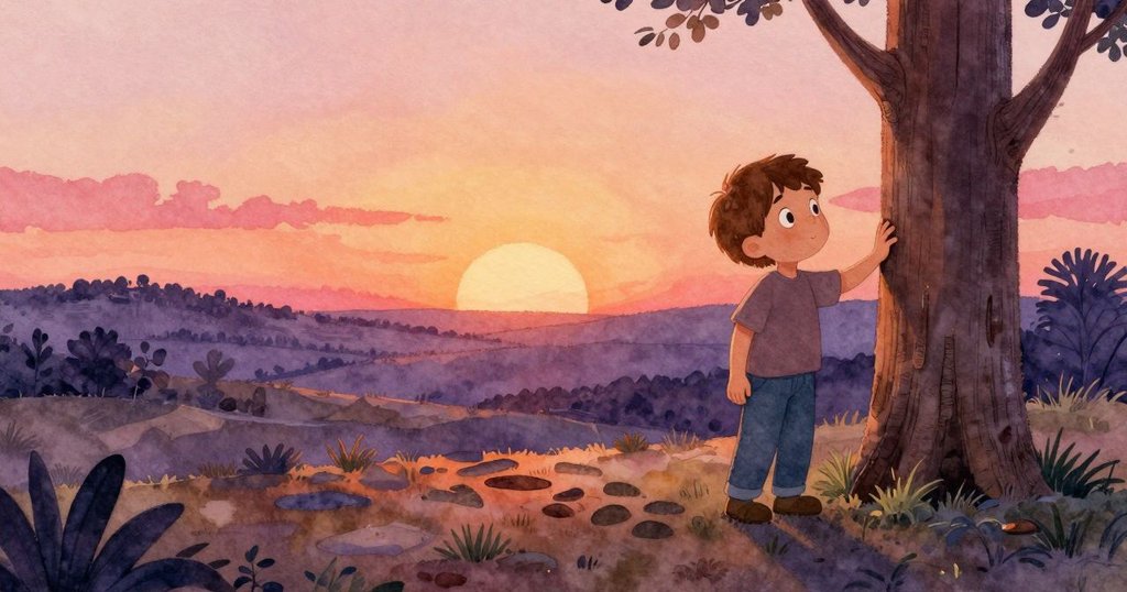 格蘭在傍晚花園中輕觸橡樹樹皮，地上有蹊蹺腳印，呈現溫暖與探索的情緒