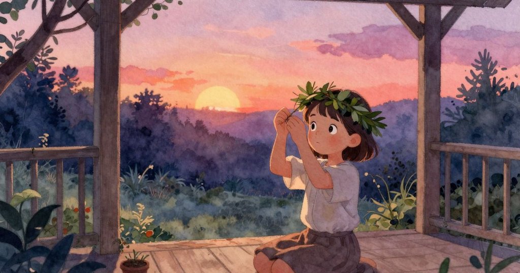 皮婭在露台邊精心編織綠色花冠，庭園如地圖展開，透露出柔和神秘與期待的氛圍