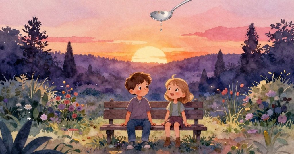 格蘭與布萊斯坐於木椅上靜賞銀色水滴滑落，庭園在暮色中如展開的地圖，氛圍寧靜溫馨