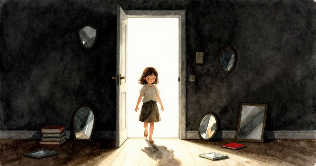 科拉輕聲說話，踏入明亮走廊，門框投射出強烈光束，粗糙地毯和鏡子散發著溫暖而神秘的氣息。