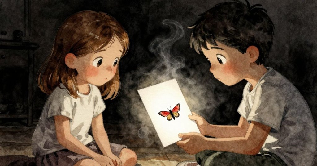 微小飛蛾靜臥在白卡上，被光束照亮，其細緻翅膀與柔美羽毛呈現房間細節，背景隱約見科拉影子。