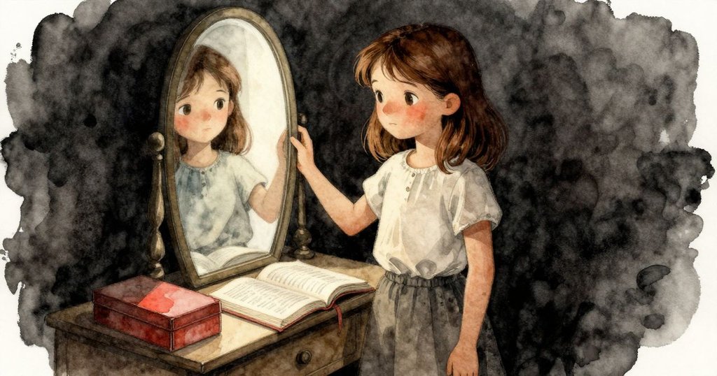 回憶中科拉平衡鏡子與厚重詞典，書架與舊鞋盒見證她的用心操作，畫面呈現淡紅懷舊色調與溫柔光影。