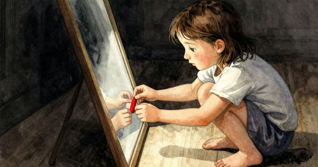 科拉蹲下認真調整傾斜的鏡子，用木楔固定位置，表情專注，地板上的膠帶與物品顯示她的細心努力。