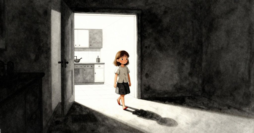 科拉帶著決心走向廚房，穿過溫暖走廊，陽光漸暗中呈現轉機，全景展現生活的細膩與溫馨氛圍。