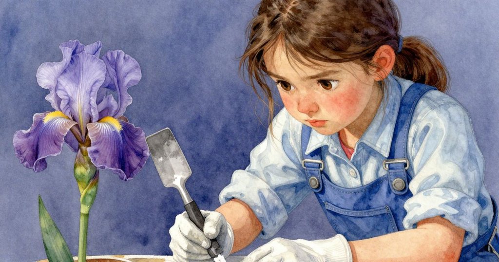 艾莉絲專注檢查鏟子上光滑的粉筆細節,手指輕觸展現物件與背景的對比