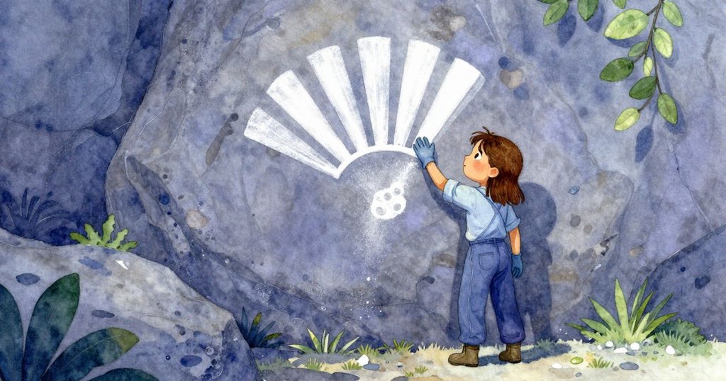 牆上半揭的扇形圖案中,粉筆塵緩緩落下,艾莉絲退後觀看,畫面充滿神秘與無限可能的氛圍