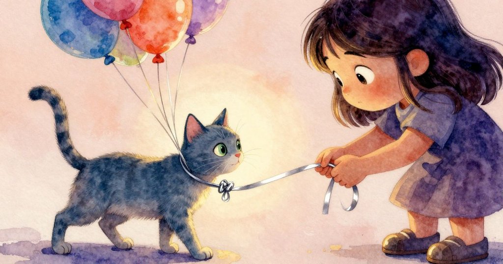 小薩拉專注地用手旋繞氣球,銀色緞帶細節清晰展現,鏡頭特寫呈現她謹慎的調整與用心