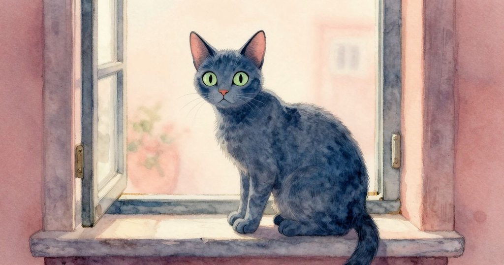 藍灰色小貓蹲在半開窗台上,鼻子輕動觀察室內氣球動態,透過窗戶隱約可見溫馨光影