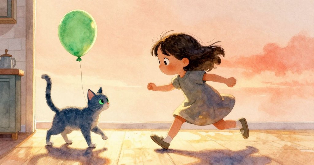 廚房門口透進微風輕推綠色氣球,在光亮桌面上緩緩移動,室內溫暖光線中呈現細膩動感