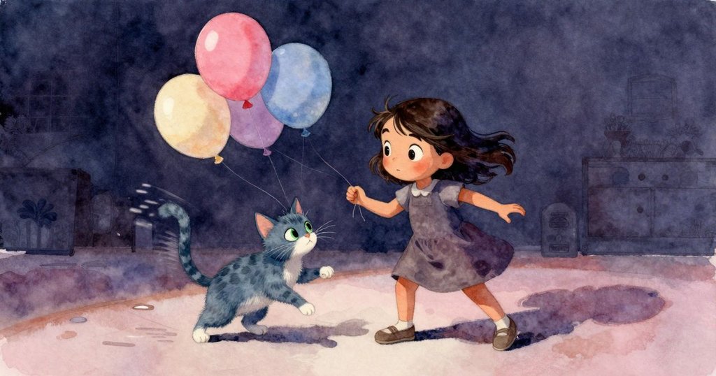 小貓揮動爪子打向氣球,氣球集團搖擺不定,小薩拉驚訝注視突生緊張場面,動作顯得急促