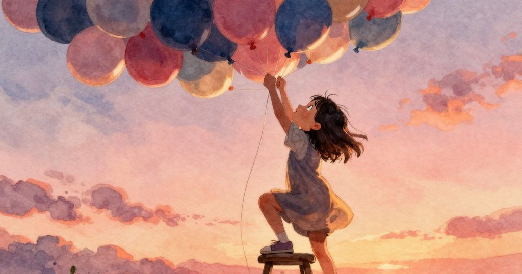 小薩拉站上凳子,用膠帶固定懸掛氣球,天花板細節明顯,她神情堅定,預示著冒險即將續展