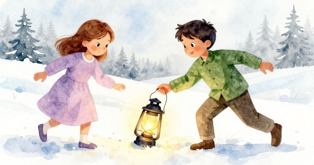 特倫快樂哼唱著揮動竹條, 特絲指向倒下的燈籠, 充滿關心與行動的氛圍